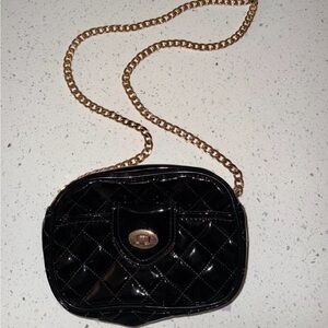 Black Quilted Patent Crossbody Bag with Gold Chain